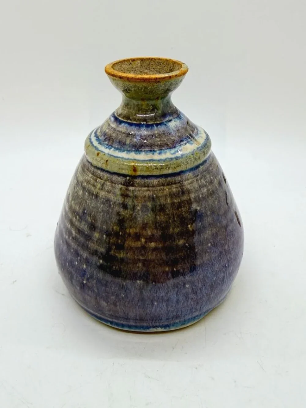 Studio Art Pottery Bud Vase Weed Pot Blue Purple Drip Stoneware Signed 4.5